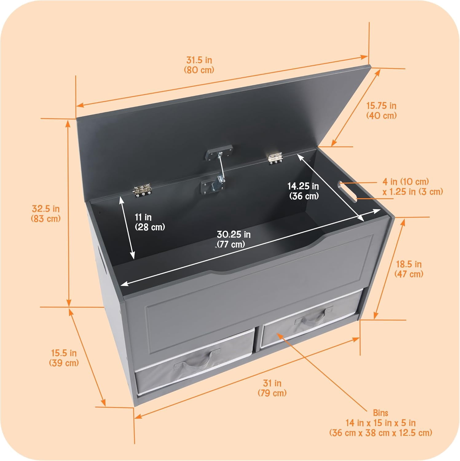 Toy Box and Storage  with Reversible Baskets - Charcoal Kids Organizer