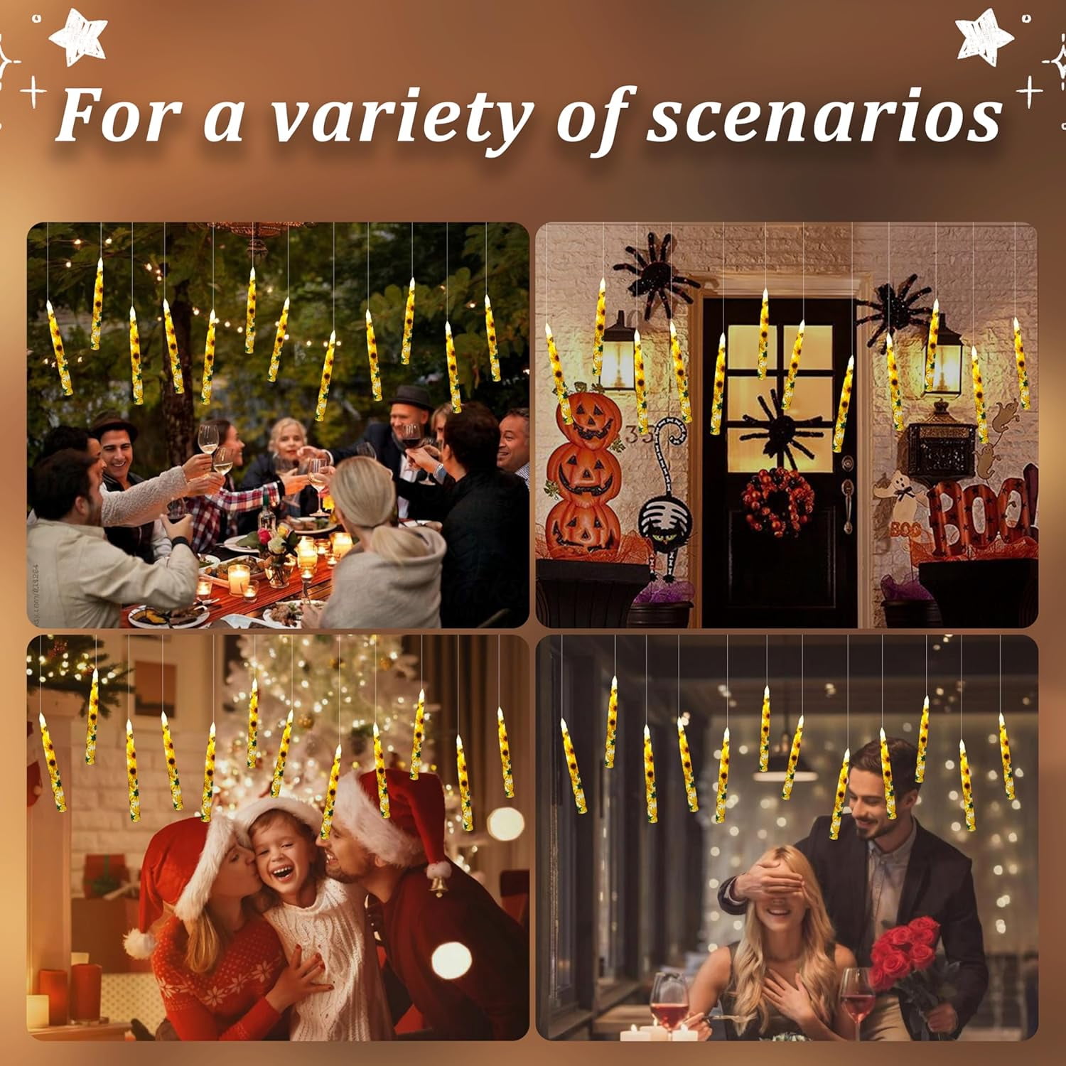 XINAOBAOLUO 12PCS Floral Floating Candles with Wand,Flickering Warm Light Flameless LED Candle with Remote, Magic Hanging Candles, Battery Operated Taper Candle Set for Theme Party Birthday Gift