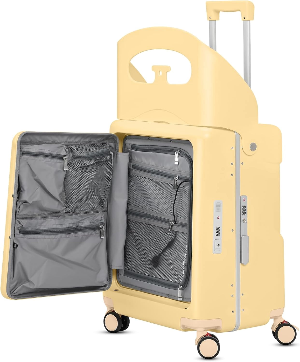 Advwin 20" Ride-On Suitcase for Kids & Adults, Hardshell Carry-On Luggage w/ Child Seat, Front Opening, USB Port, TSA Lock, 4 Spinner Wheels for Travel, Yellow