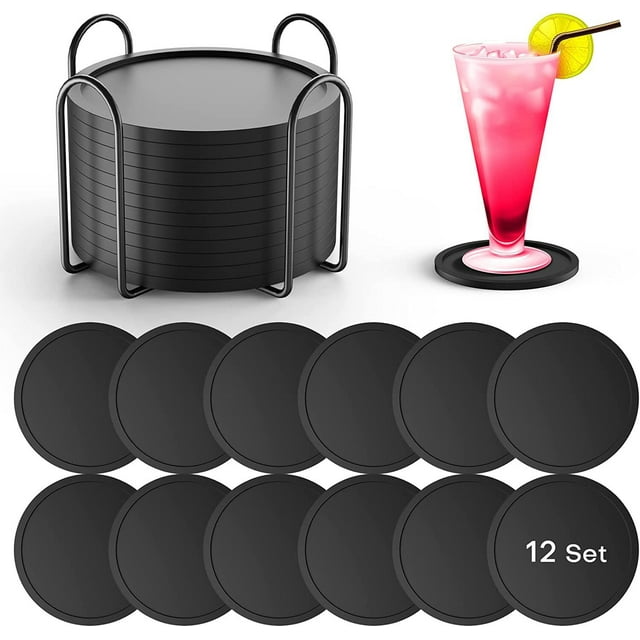 Jinsinto sous-Verres à Boisson Ensemble de 12 avec Support, sous-Verres en Silicone Protection de Table pour Tout Type de Table, Bois, Verre, Pierre Tables, sous-Verres pour Boissons s'Adapte aux Verres à Boire (Noir)