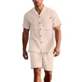 thumbnail image 3 of Laqbezok Men's 2-Piece Linen Set, Casual Short Sleeve Button Down Shirt and Drawstring Shorts Outfit, Relaxed Fit Summer Beach Resort Wear with Pockets, 3 of 6