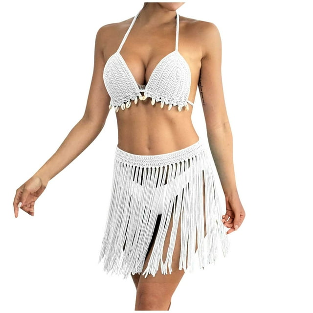 Cinvoph Bikini Sets for Women Boho Hollow-Out Halter Swimsuits Mini Tassels Skirt Two Piece Bathing Suit