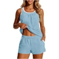 thumbnail image 2 of Costeam Womens Contrast White Trim Spaghetti Strap 2 Piece Outfit Set Loose Sleeveless Tank Top and Pull On Shorts with Side Pockets Elastic High Waist Solid Color Casual Matching Loungewear Suit, 2 of 9