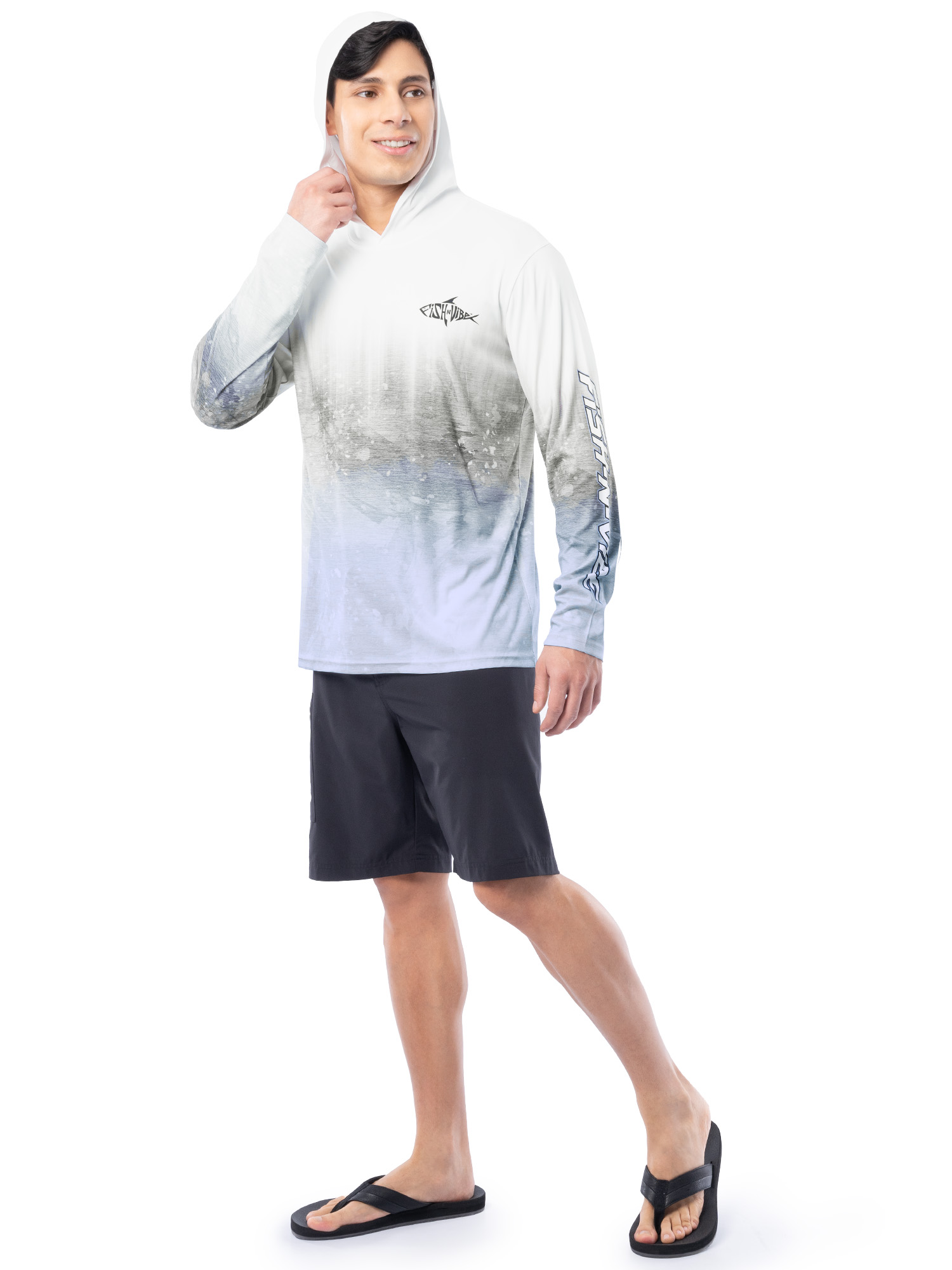Fish N Vibe Men's Long Sleeve Performance UPF 30 Fishing Graphic Hoodie, Rainbow Canvas - Off-White, L