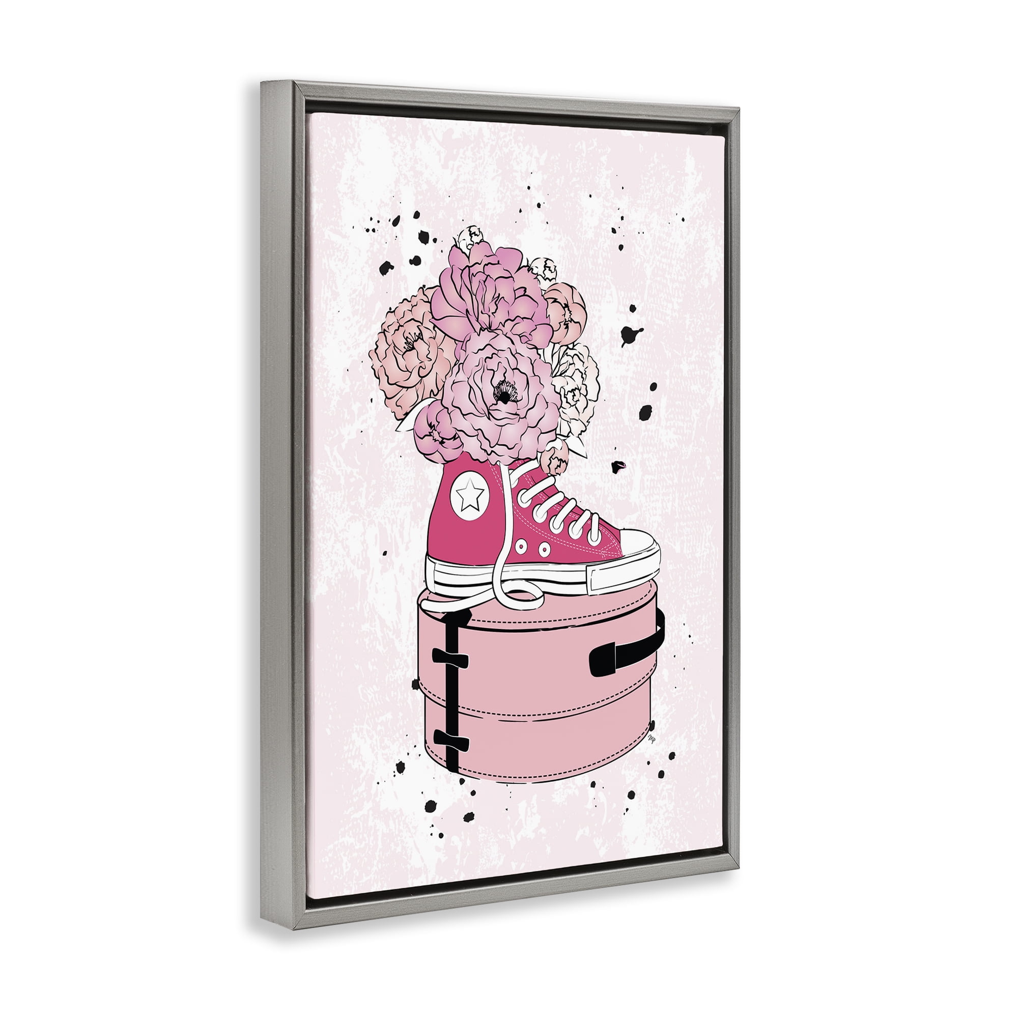 Stupell Industries Pink Floral Sneaker Beauty & Fashion Painting Gray Floater Framed Art Print Wall Art, 21 x 31