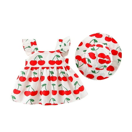 

DNDKILG Infant Baby Toddler Girls 2 Piece Summer Sleeveless Outfits Clothes Set Ruffle Dress and Set Fruit Print with Sun Hat Red 6M-3Y 80=6
