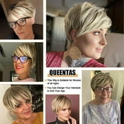 QUEENTAS Short Blonde Pixie Cut Wig for Women, Natural Looking Layered Wig with Bangs, Glueless Easy Wear Synthetic Hair Wig with Adjustable Cap, Brown Root Ombre