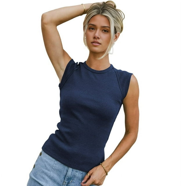 Women'S Summer Cap Sleeve Slim Fitted Knit Basic Casual Ribbed Tank Tops Navy blue L