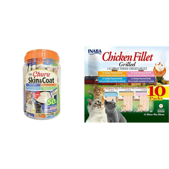 INABA Churu Friandises Naturelles pour Chat Pure Léchables pour la Peau et le Pelage avec Huiles Oméga & Naturel, Filets de Poulet Grillés à la Main Premium Friandises pour Chat