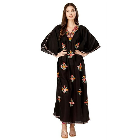 Kashmiri Aari Embroidered Cotton Kaftan for Women, Handmade Kaftan Dress for Womens , Loose Women Tunic Dress, Indian Floral Kaftan