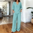 thumbnail image 2 of Zekutng Lounge Sets for Women Loose V-Neck Roll-up Sleeve Linen-Blend Shirt & Elastic Waist Wide Leg Pant Matching Set,Sizes S-3XL, 2 of 7