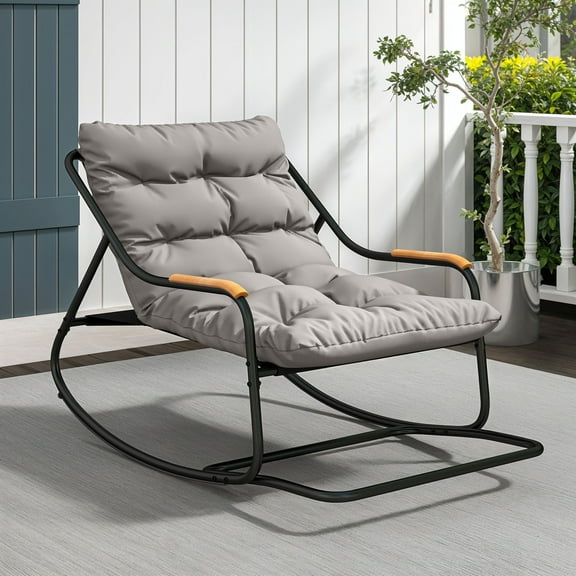 Uforic Oversized Patio Rocking Chair with Soft Thick Cushion, Steel Outdoor Lounge Rocker Chair with Textilene Handrail and Footrest - Black