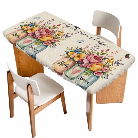 Farmhouse Flowers Table Cloths for 6 Foot Rectangle Tables, Spring Watercolor Floral Leaf on Linen Patio Waterproof Elastic Fitted Tablecloths, Washable Rectangular Table Cover for Camping