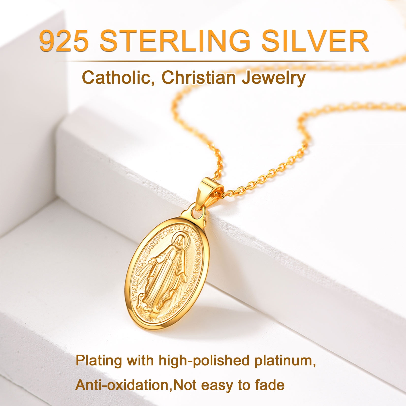 U7 Sterling Silver Virgin Mary Oval Pendant for Women Necklace Catholic Christian Cross 14K Yellow Gold Plated Chains