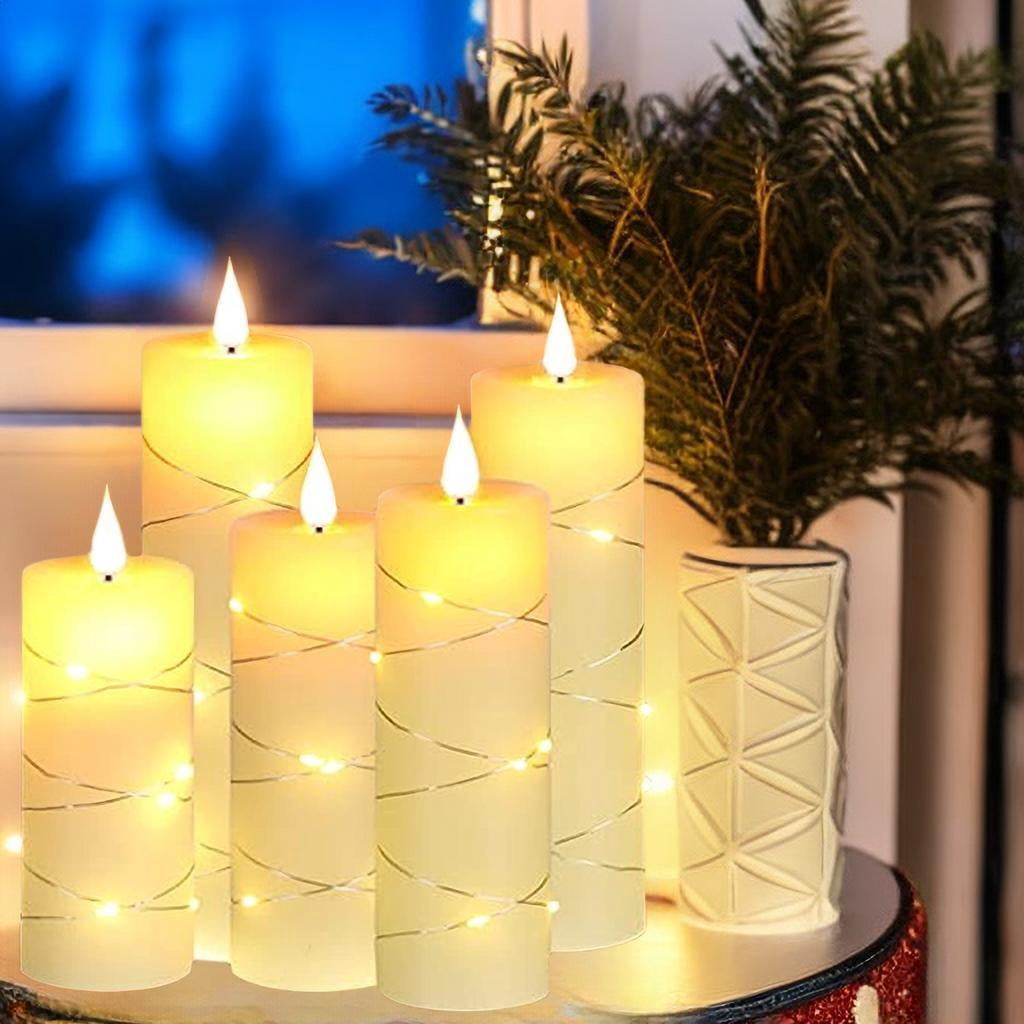 Pack of 5 Flickering Flameless Candles with Embedded String Lights, Battery Operated Electric Pillar Candle 3D Teardrop