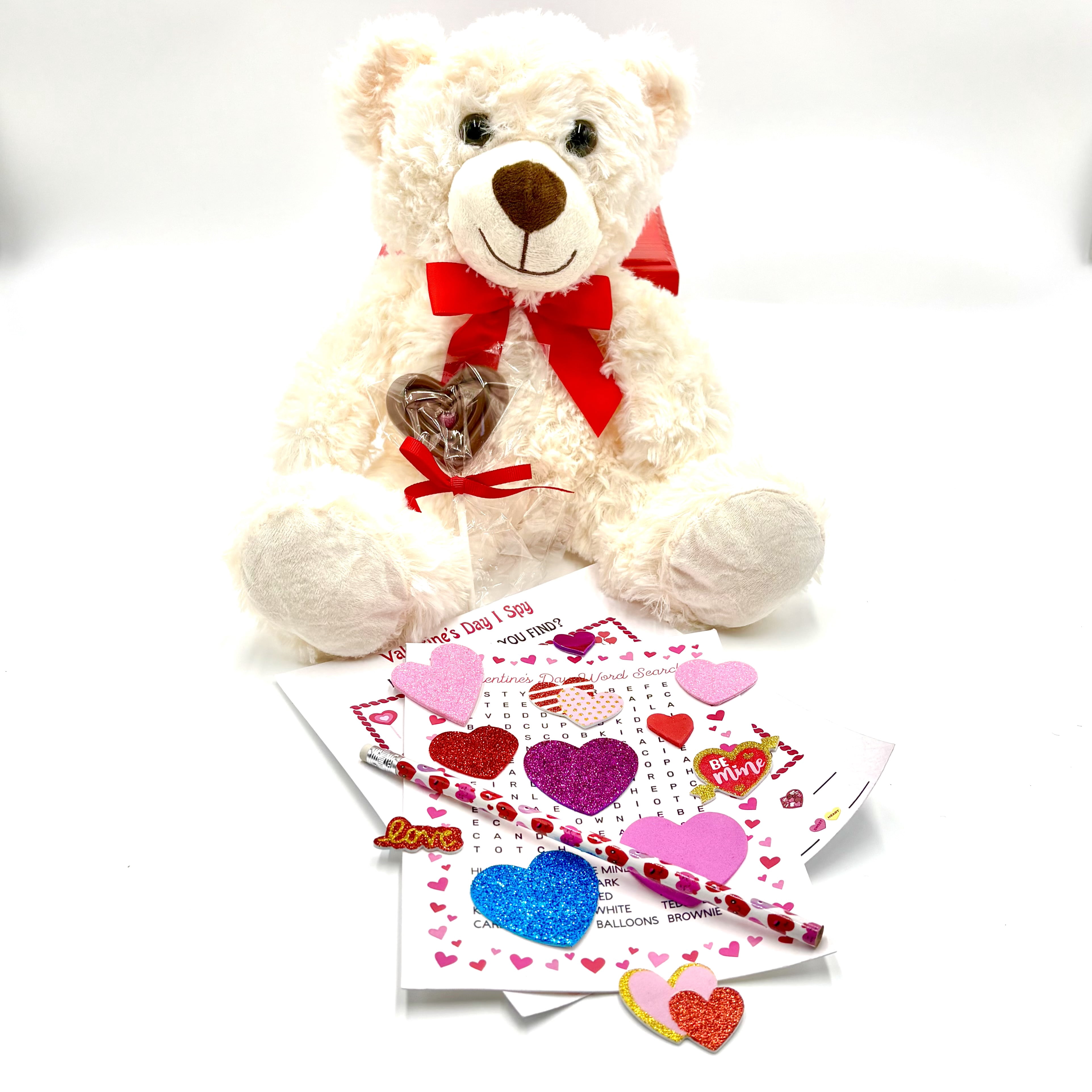 Valentine's Day Kids Gift Basket 14"Bear, Arts & Crafts, Stickers, Lollipop & Breakable Heart
