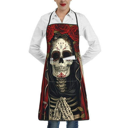 

Matuu Gothic Skull With Roses for Adjustable Cooking Aprons for Women with Pockets Kitchen Aprons for Men Water and Oil Resistant