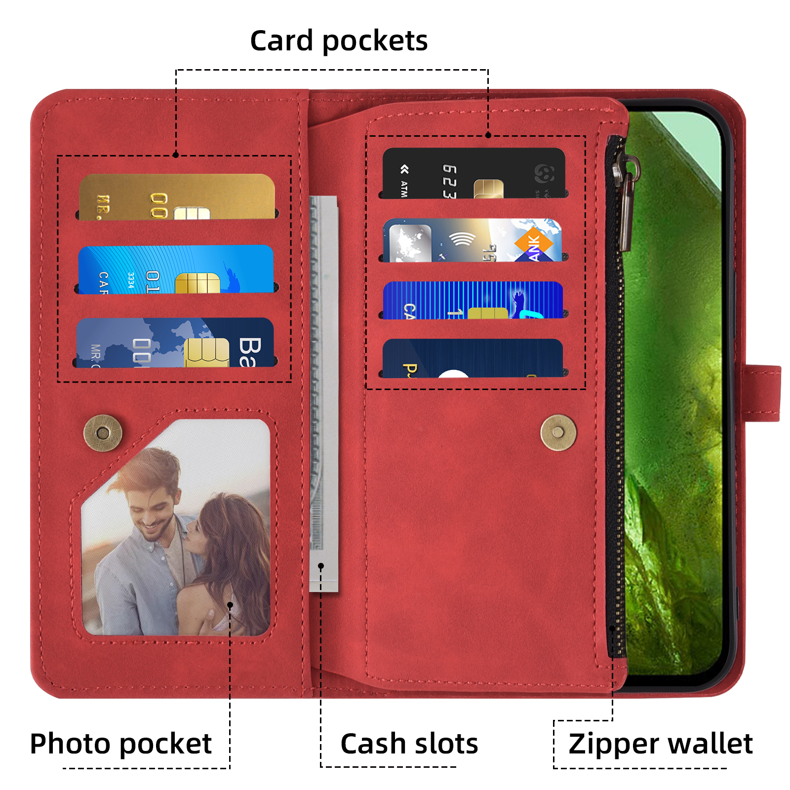 Asuwish Phone Case for Google Pixel 8A Wallet Cover With Tempered Glass Screen Protector Crossbody Wrist Strap Flip Pattern Zipper Credit Card Holder Stand Slot Folio Cell Pixel8A A8 5G Women Men Red