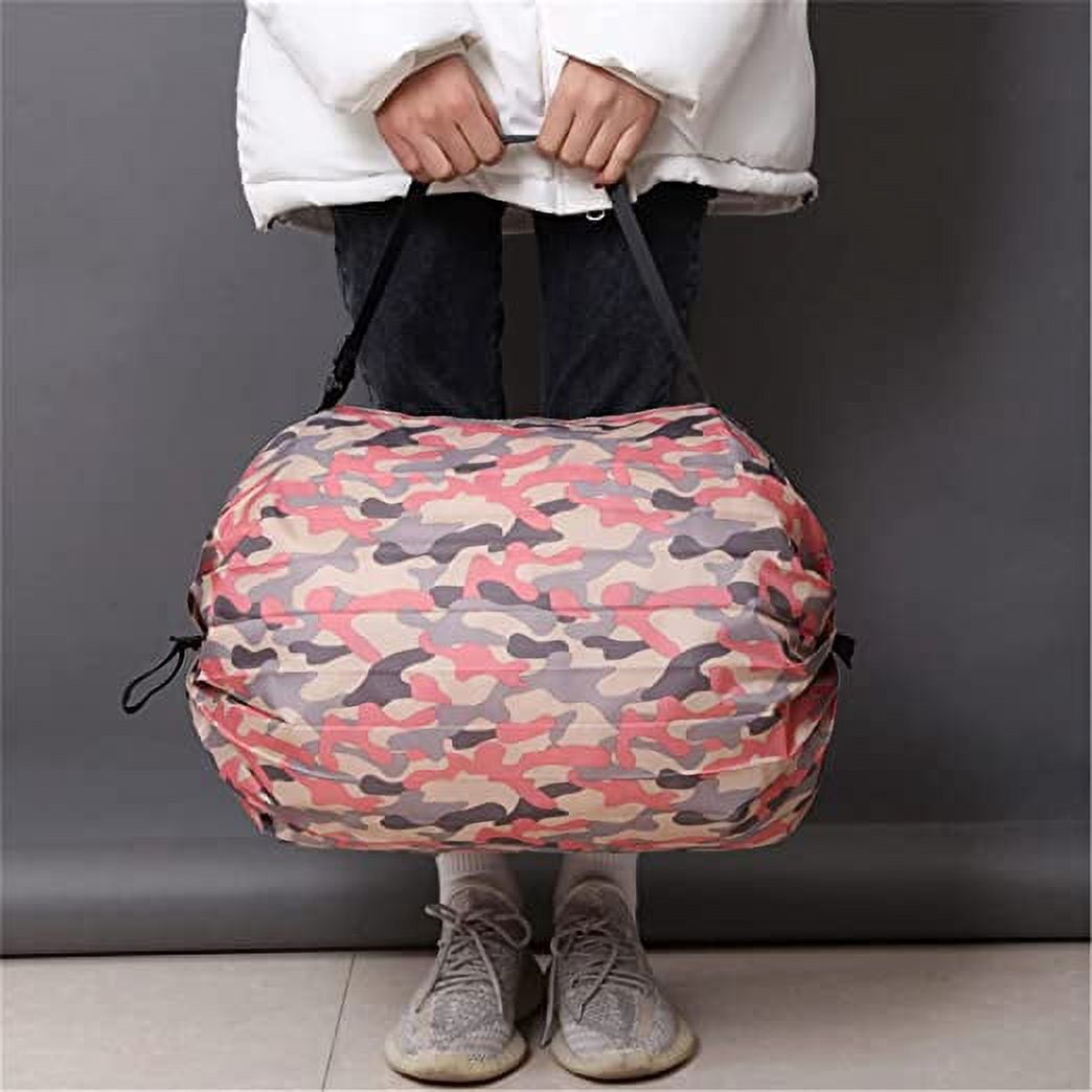 2 PCS Reusable Grocery Bags – Foldable, Waterproof Nylon, Large Capacity, Pink Camo Print