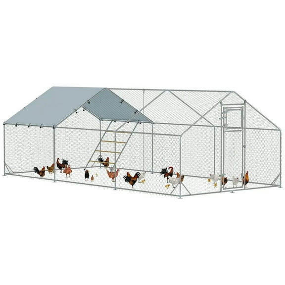Topcobe Metal Chicken Run w/ Waterproof & Anti-UV Cover, Feeding Door, Hanging Feeder, for 18-24 Chickens, 9.8' x 19.7' x 6.4', Outside Pet Shelter, Small Animal Habitat