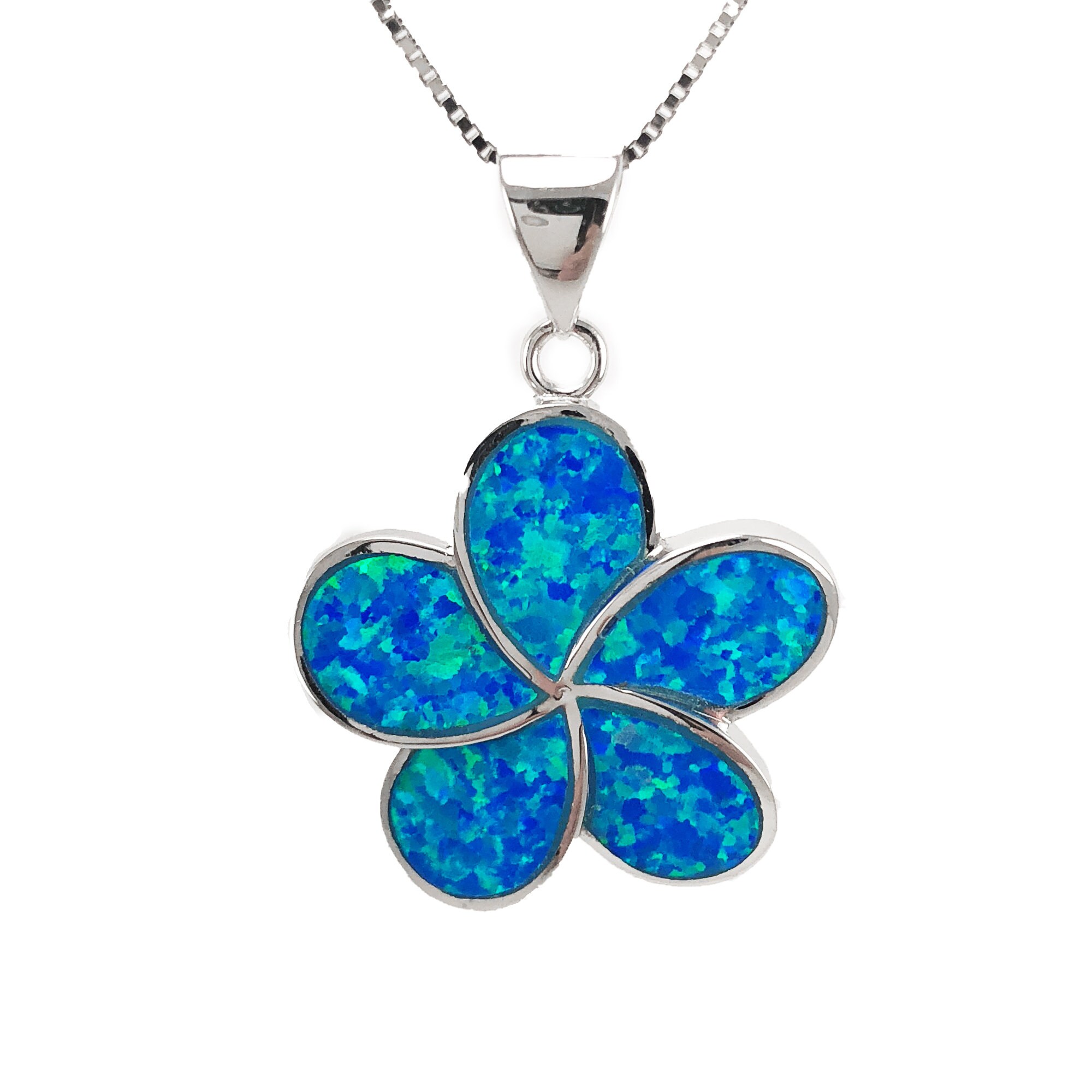 Beautiful Hawaiian Blue Opal Plumeria Necklace, Sterling Silver