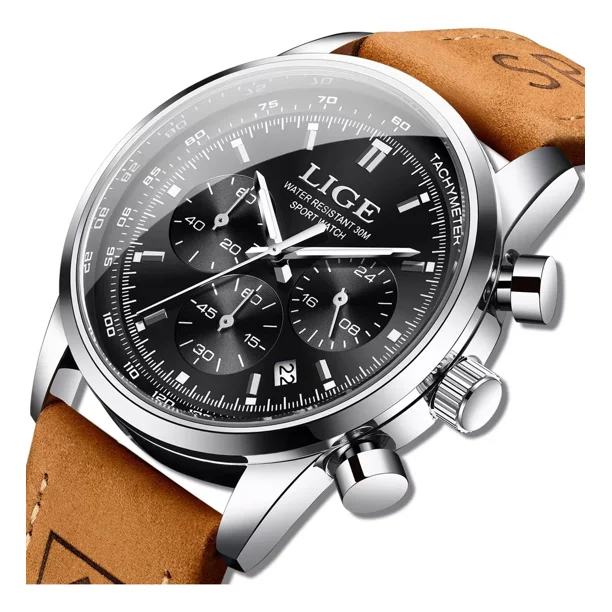Lige Reloj Hombre Multifunción Cuero Reloj Cuarzo Cronógrafo Correa Marrón Bisel Plateado Fondo Negro