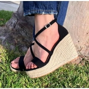 TOP MODA Women Espadrille Wedge High Heels Sandals Open Peep Toe Platform Ankle Strap PLATA-1 Black Nubuck 10