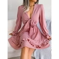 thumbnail image 5 of Women's Tie Front Smocked Waist Flounce Sleeve Mini Dress with Plunge Neckline Solid Color 100% Polyester Casual Chic, 5 of 12