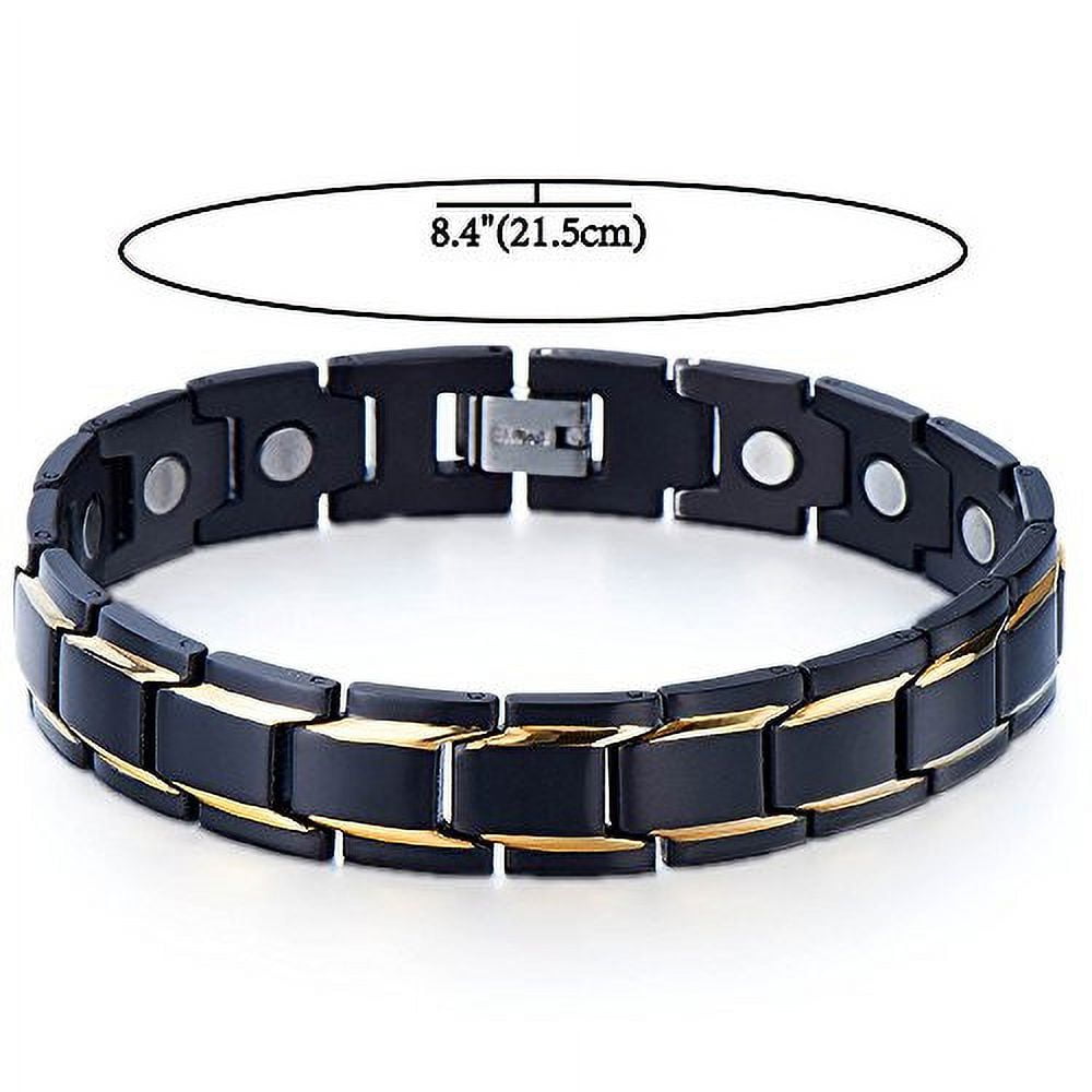 8.5" Mens Magnetic Steel Bracelet. Black with Gold Accent Lines - Fancy Box Included.