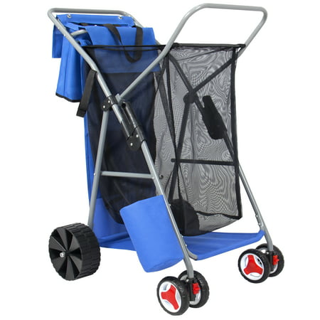 Deluxe Folding Utility Beach Cart W/ Removable Utility Bag, All-Terrain Rear Wheels