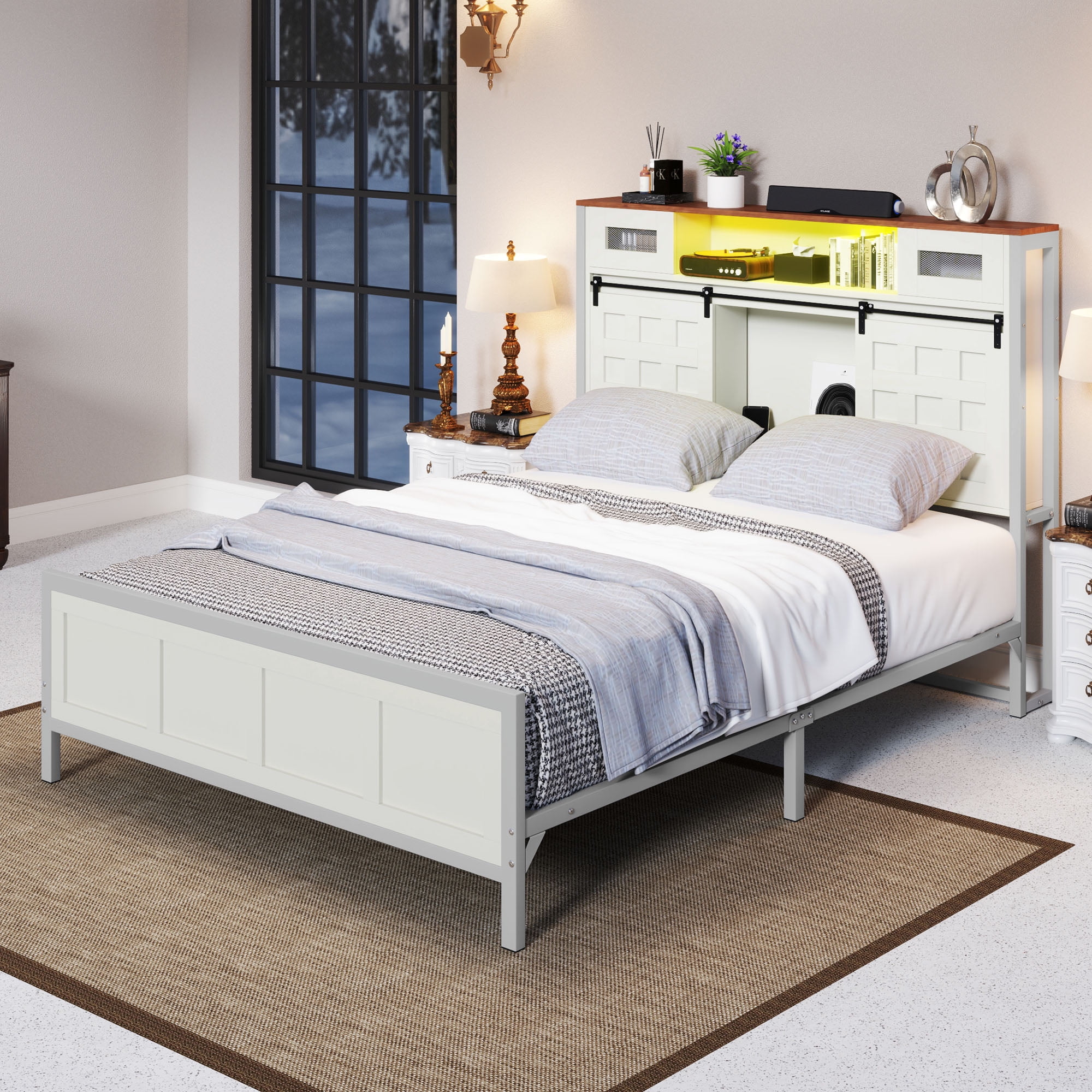 ModFusion Queen Size Bed Frame with Grid Barn Door Headboard Storage, LED Light Strip & USB Ports, White