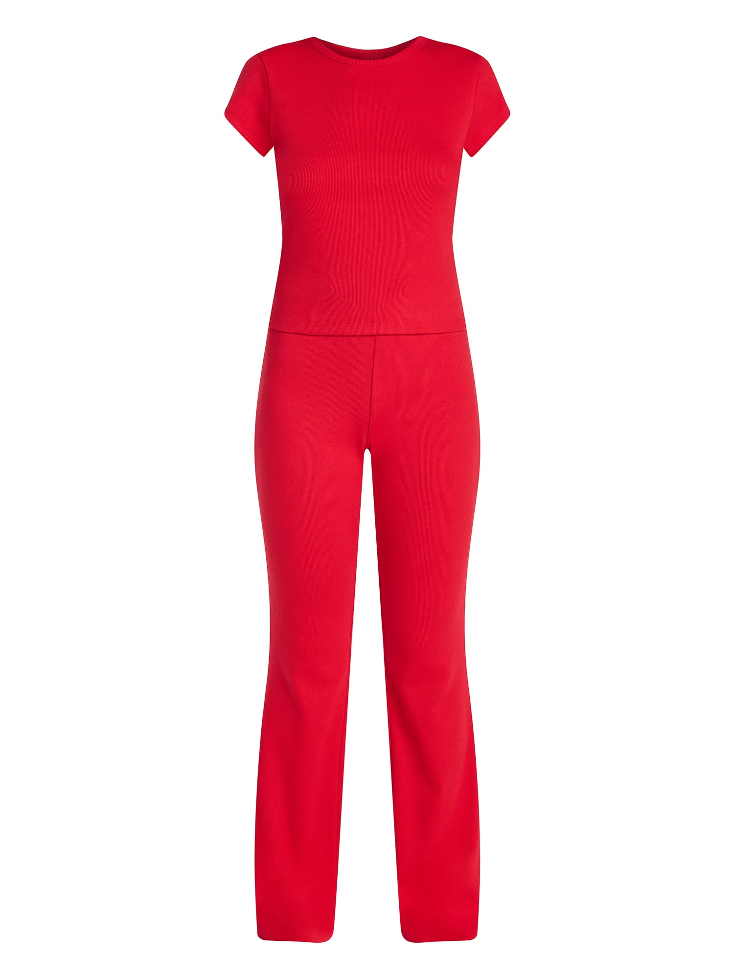 No Boundaries Rib Tee and Pants Sleep Set, 2-Piece, Women's XXS-3X