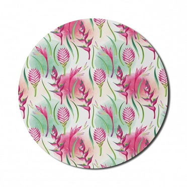 Exotic Mouse Pad for Computers, Endemic Tropic Flowers on a Background of Paint Blots, Round Non-Slip Thick Rubber Modern Gaming Mousepad, 8" Round, Magenta Fern Green, by Ambesonne