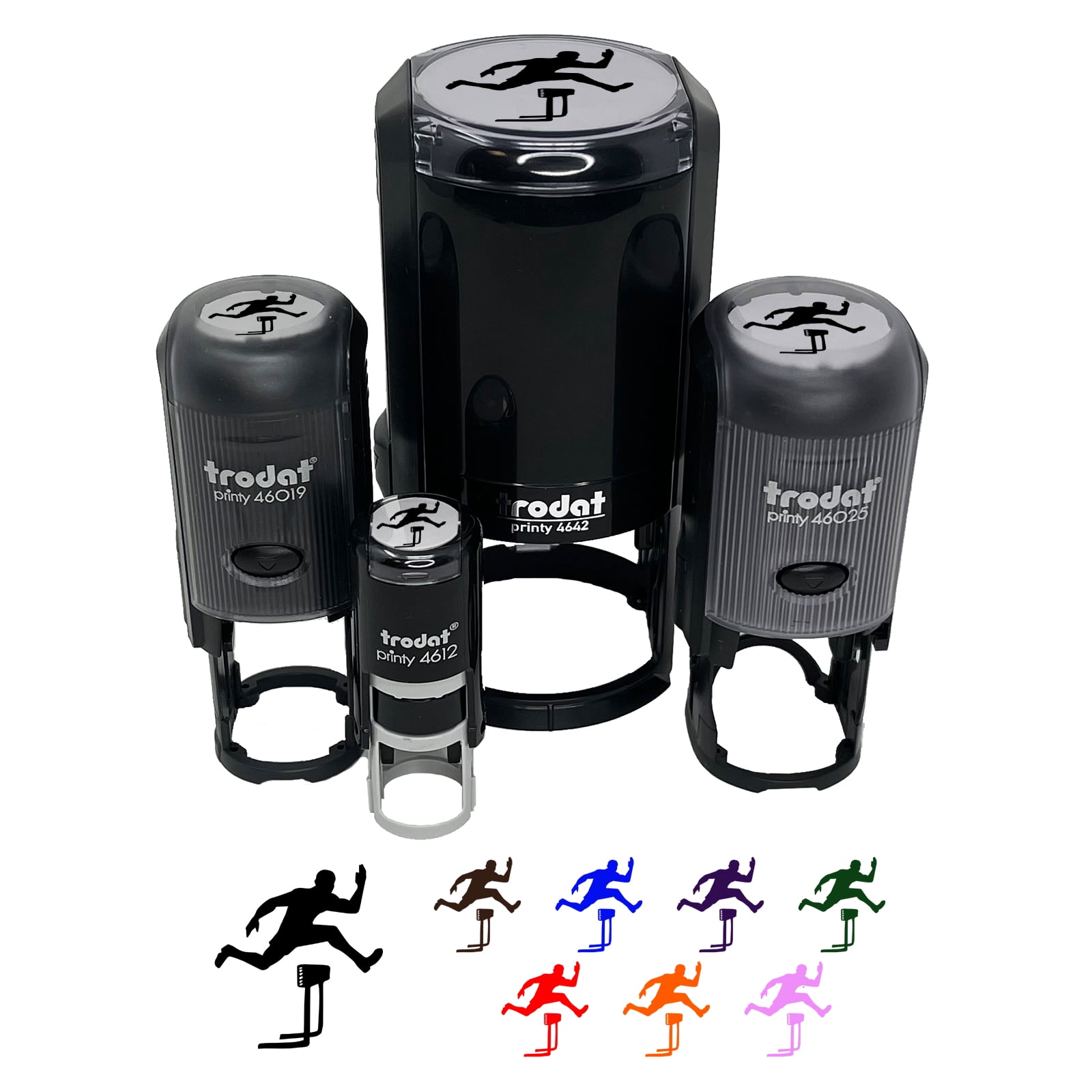 Man Jumping Over Hurdles Fitness Track and Field Self-Inking Rubber Stamp Ink Stamper - Brown Ink - Small 3/4 Inch