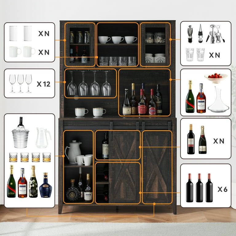 Farmhouse Wine Cabinet with Sliding Barn Door 69 Inch Country Wine Cabinet with Wine Rack and Wine Glass Rack Buffet Storage Rack Kitchen Sideboard Dining Room Walmart