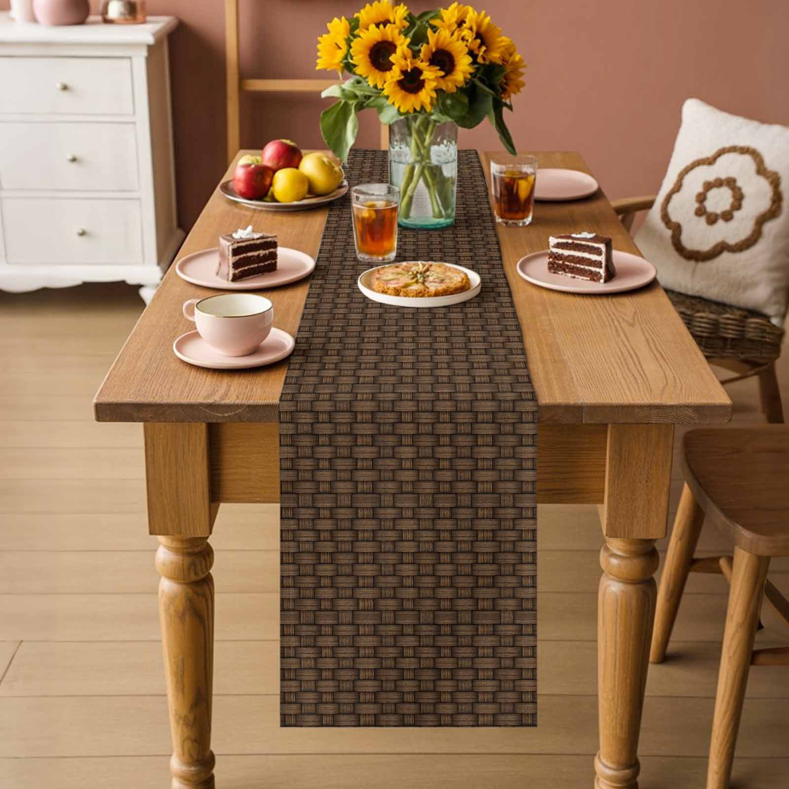 Dark Brown Rattan Table Runner - 70 Inch Long Vintage Abstract Wicker Texture Cotton and Linen Blended Dress Scarves Farmhouse Table Runner for Kitchen Dining, Coffee Table, 13" x 70"