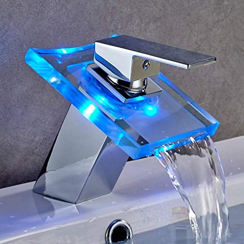Bathroom Faucet Led Light RGB Waterfall Spout Black Lavatory Vanity Sink Faucet 3 Colors Changing One Hole Handle Matching Drain Assembly with Overflow Bath Basin Deck Mount Commercial Modern