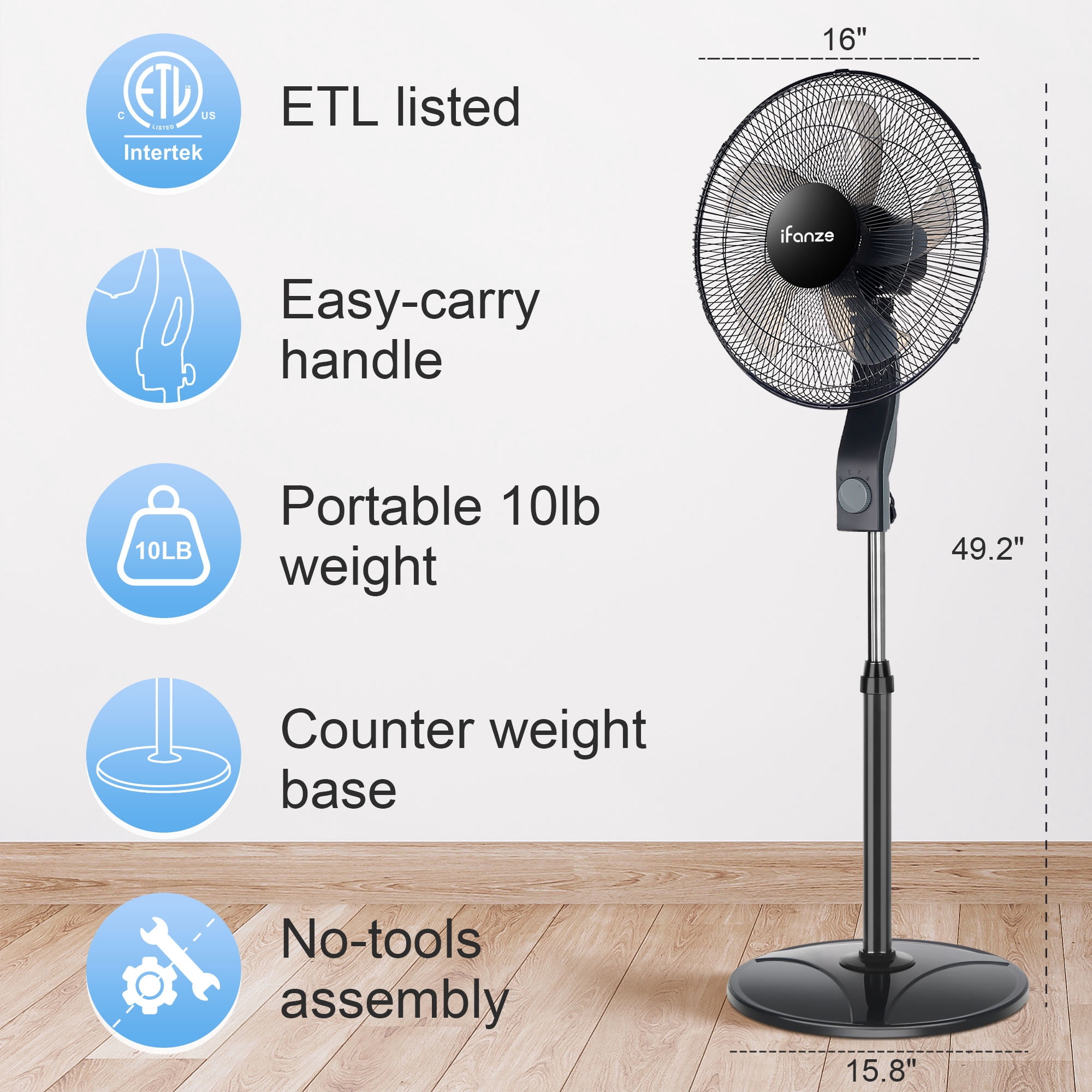 16" Oscillating Pedestal Fan, 5 Blades 3 Speeds Quiet Stand up Fan, Easy to Carry Adjustable Height and Tilt Electric Standing Fan for Home Bedroom, Black