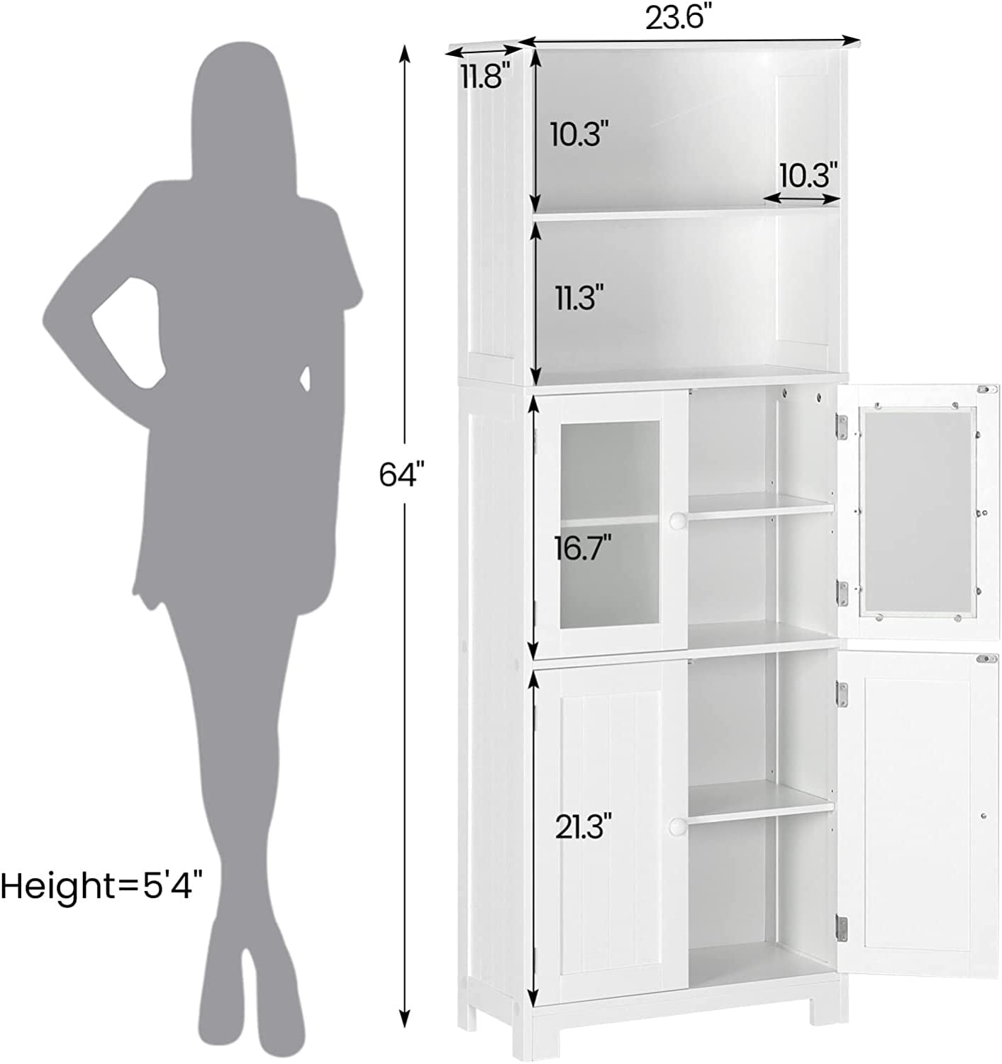  Tiptiper Tall Large Floor Storage Cabinet with Open  Compartments and 2 Cabinets with Doors, 64” Height Freestanding Linen Tower  Cabinet, for Home Kitchen, Bathroom, Living Room, White : Home & Kitchen