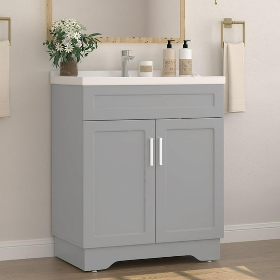 Bathroom Vanity with Ceramic Sink, 32 Inch Double Door Bathroom Cabinet Vanity with Wooden Frame and Storage, Grey