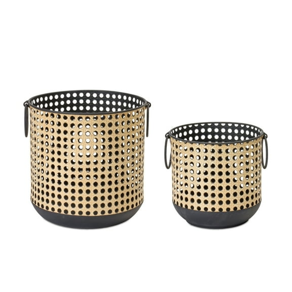 Metal Candle Holders Set of 2 - Rattan Design, Modern Table Decor, Pillar Candle Holders