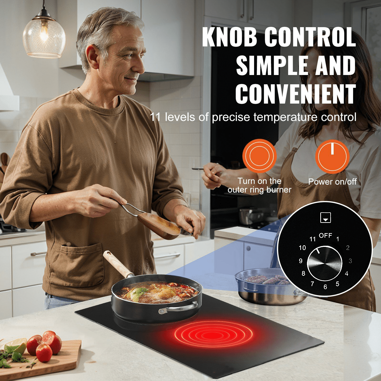 Electric Cooktop 12 Inch, 2 Burner Built-in Stove Top, 3000W Ceramic Radiant Cooktop, 11 Heat Levels, Knob Control, 220-240V Hardwire, for Kitchen Countertop