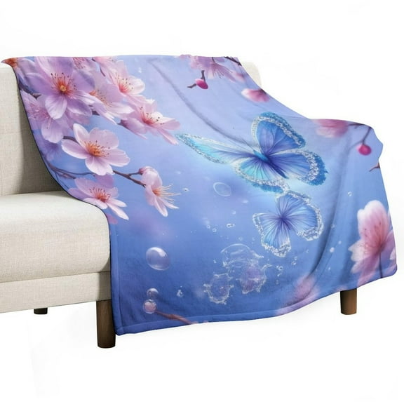 Blue Butterfly And Pink Blossoms Throw Blanket Warm Microfiber Flannel Bedroom Decor Blankets For Beds