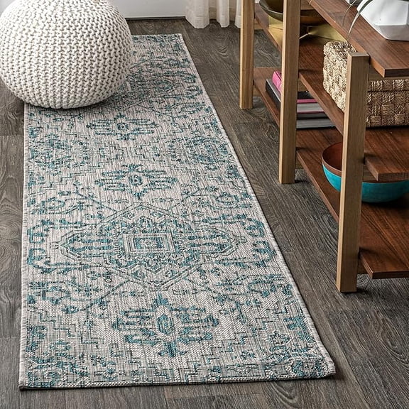 Estrella Bohemian Medallion Textured Weave Indoor Outdoor Runner Rug Coastal Bohemian Rustic Glam Easy-Cleaning Bedroom Kitchen Backyard Patio Non Shedding, 2 X 10, Teal/Gray