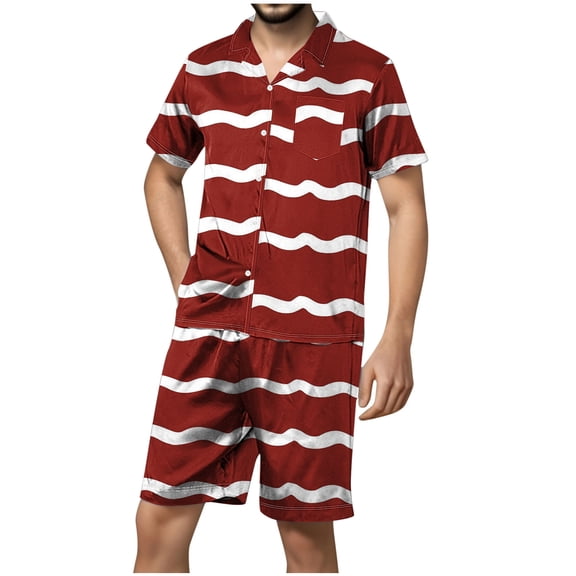 YABCSAZ Mens Pajama Set Short Slevee V Neck Striped Button Down Shirt Tops and Wide Leg Bermuda Shorts Summer Casual Loose Fit Sleepwear Outfits Home Lounge Set