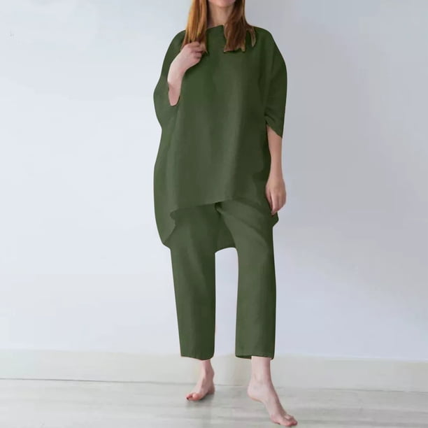 ICHUANYI Clearance Women Casual 2 Piece Outfits Three Quarter Sleeves Cotton Linen Tops Skinny Cropped Pants Round Neck Sets(Army Green, XXL) ICHUANYI WER2023080902693