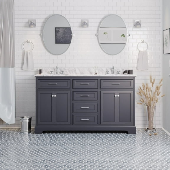 Aria 60" Double Bathroom Vanity with Marine Gray Cabinet and Carrara Marble Top