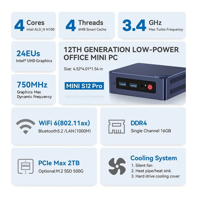 Beelink Mini S12 Pro PC, Intel Alder Lake-N100, 16GB RAM, 500GB