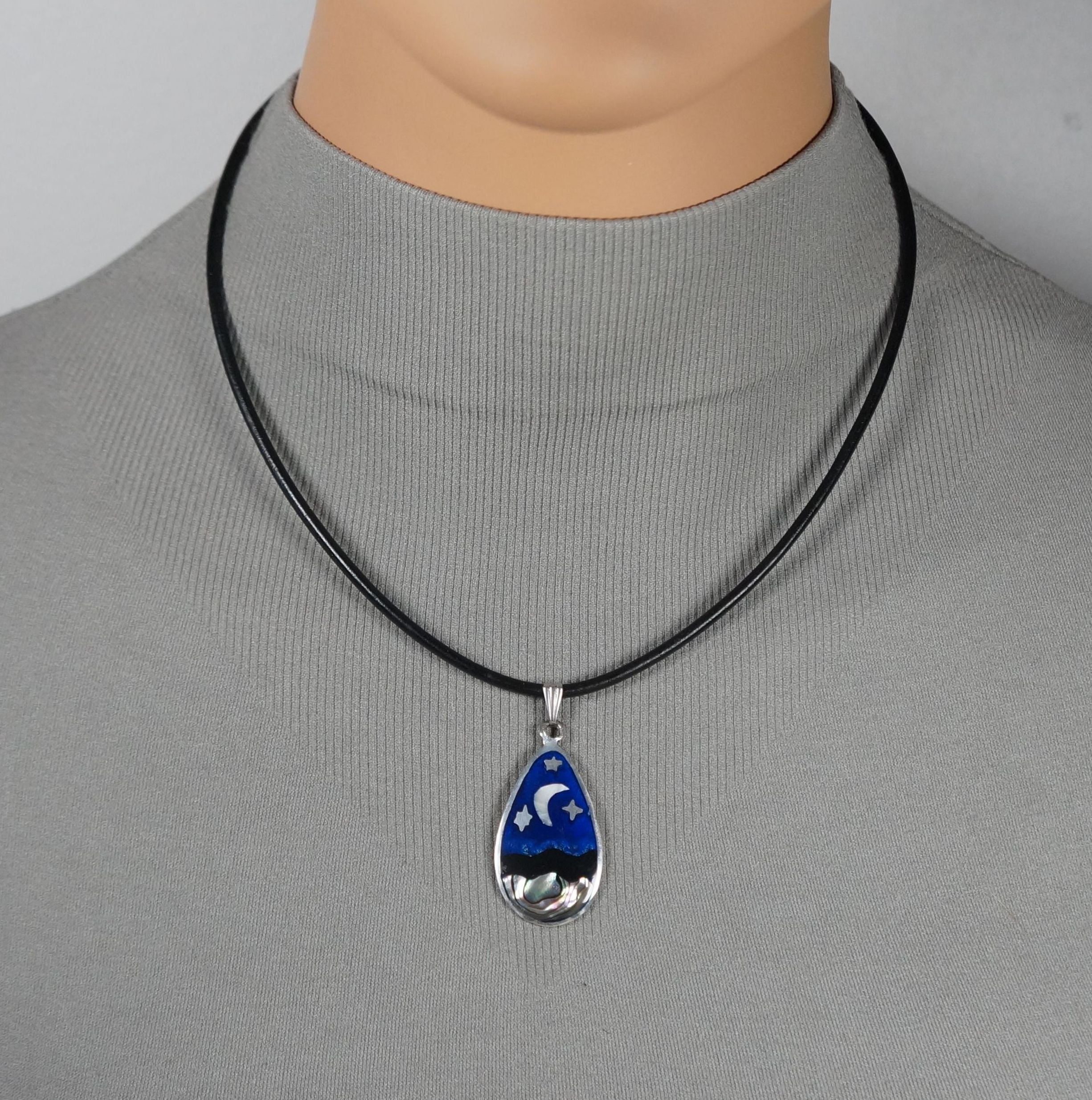 Unisex Abalone Moon and Stars Greek Leather Cord Necklace - 24