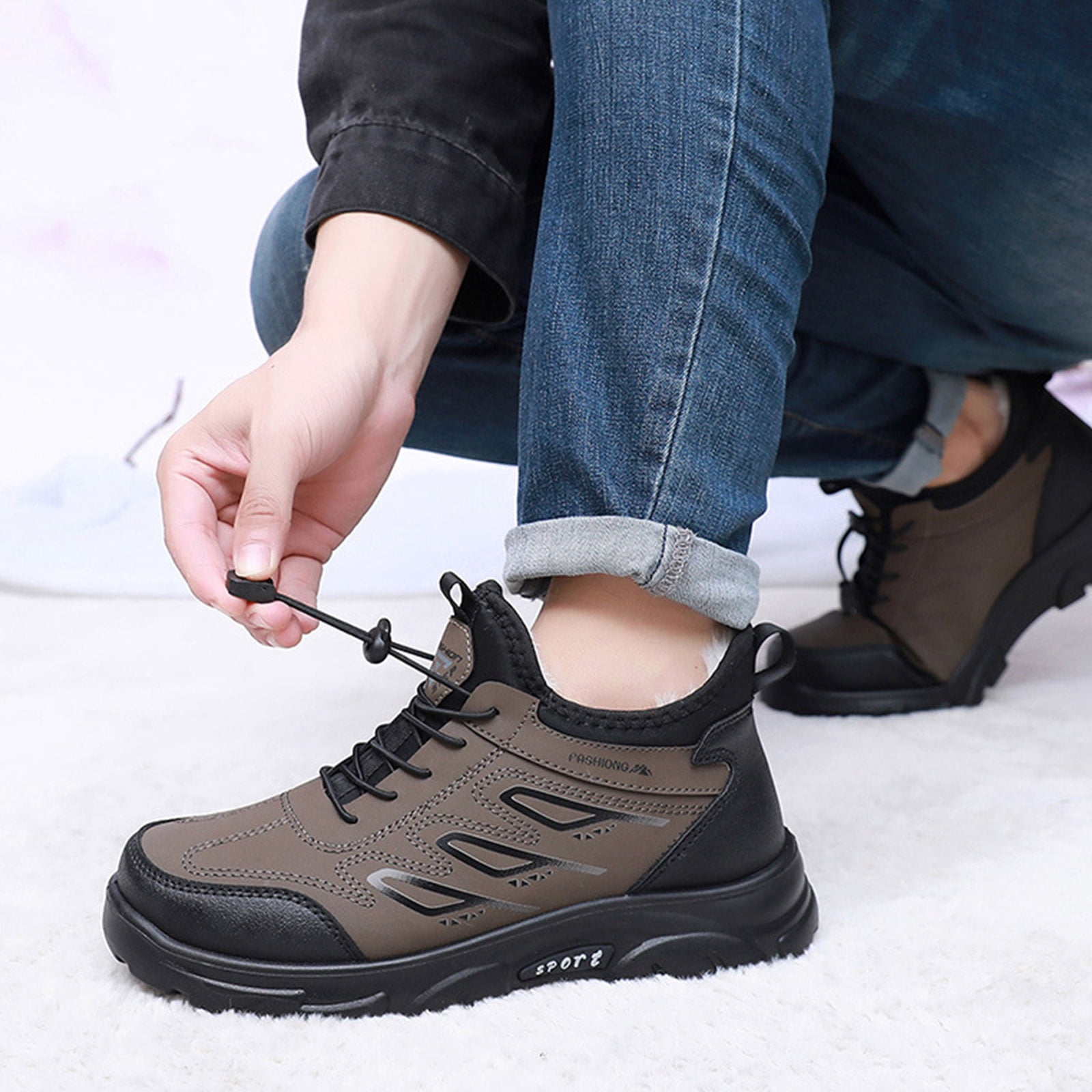 Snow Boots for Men Thickened Warm Comfy Furry Lined Winter Hiking Shoes Adjustable Strappy Fashion Waterproof Leather Outdoor Sneakers Coffee Size 9